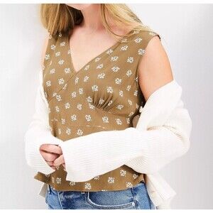 Loft Y2K Daisy Floral Tank Top Womens Size 6 Sleeveless V Neck Brown Tan Peplum